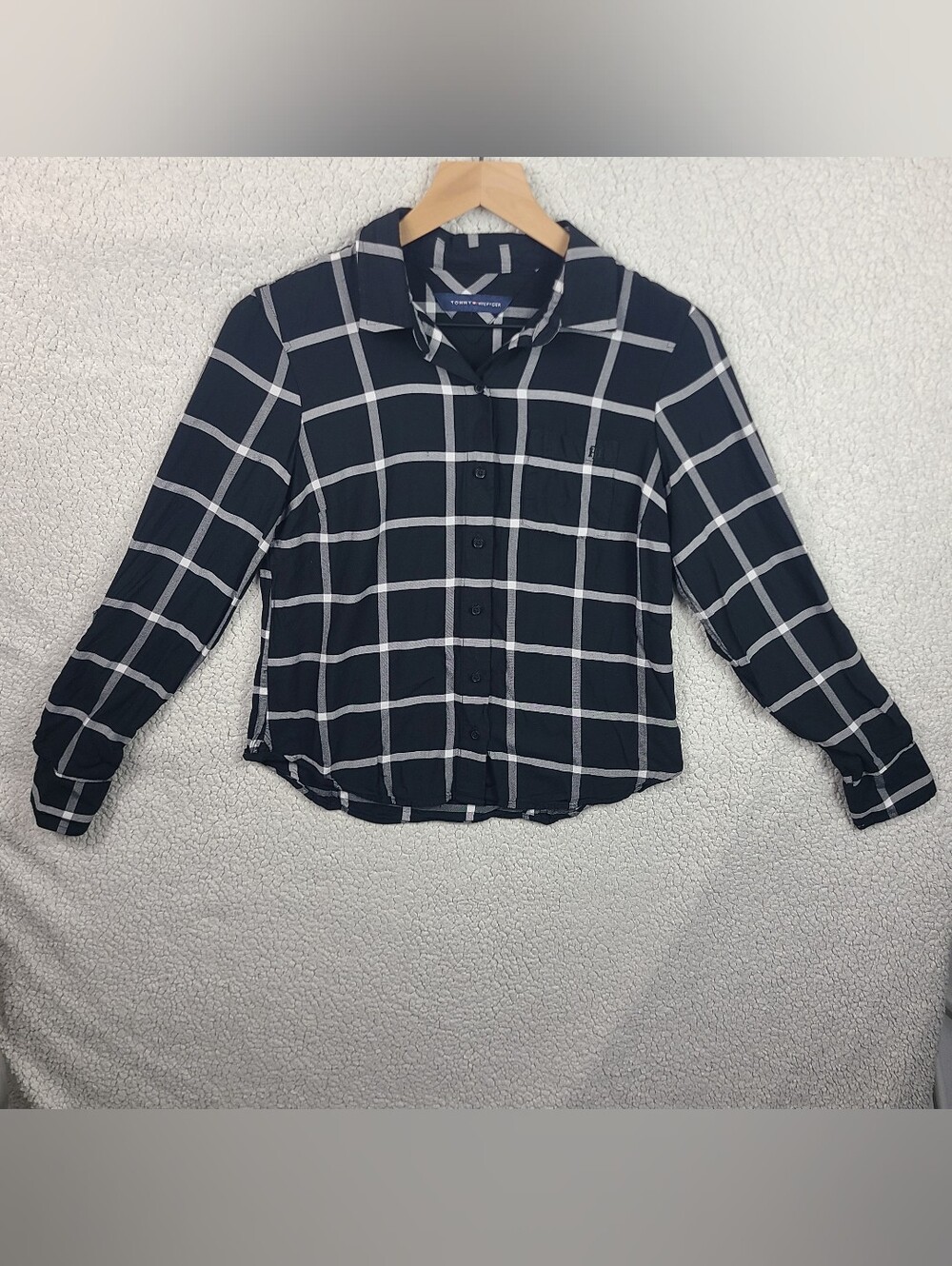 Tommy Hilfiger Button Front Shirt Black Windowpane Plaid Roll Tab Long Sleeve XS